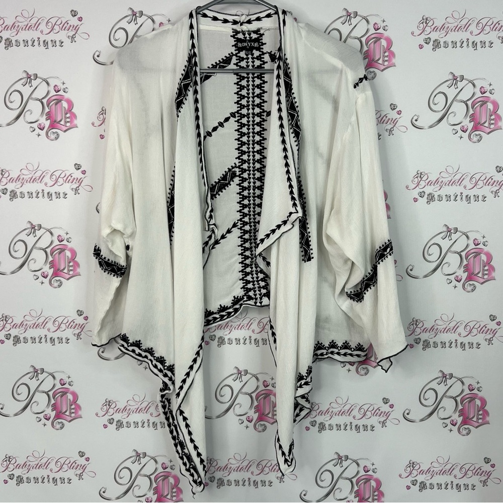 Onyx cardigan open waterfall Aztec distressed Black and White Patterned Cardigan